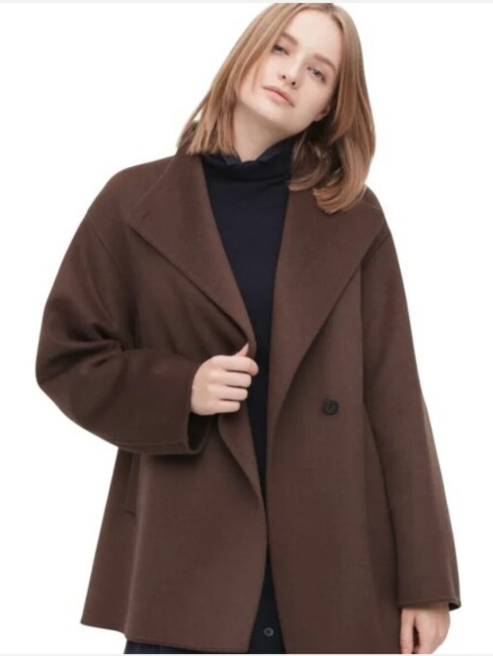 Uniqlo Women XL Double Face Oversized Short Coat Wool Blend Brown